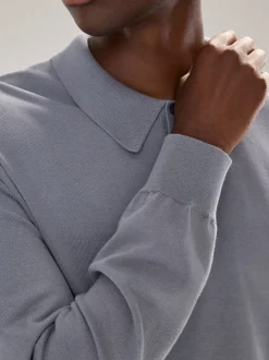 Grijsblauw - Normale Pasvorm - Katoenrijk gebreid poloshirt met lange mouwen