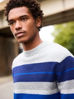 Grijs/blauw - Regular Fit Cosy Stripe Crew Jumper with Wool