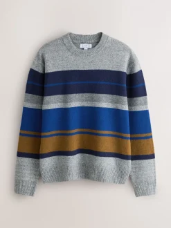 Grijs/blauw - Regular Fit Cosy Stripe Crew Jumper with Wool