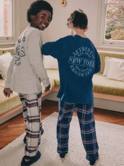 Grijs/blauw - Set van 2 geweven geruite pyjama's met lange mouwen (3-16jr)