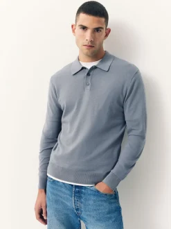 Grijsblauw - Slim Fit - Katoenrijk gebreid poloshirt met lange mouwen