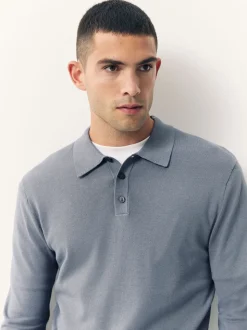 Grijsblauw - Slim Fit - Katoenrijk gebreid poloshirt met lange mouwen