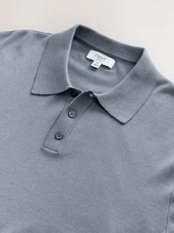 Grijsblauw - Slim Fit - Katoenrijk gebreid poloshirt met lange mouwen