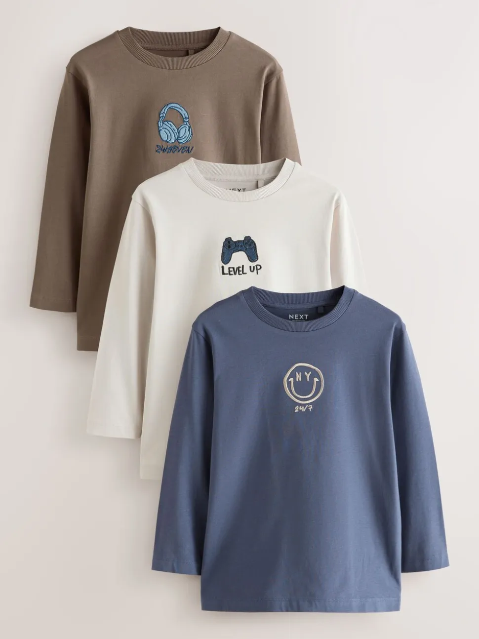 Grijs/blauw/bruin borduursel - Bedrukte T-shirts met lange mouwen verpakking van 3 (3 - 16 jr)