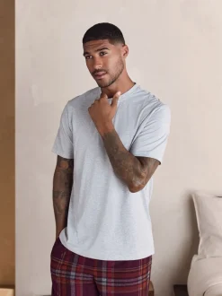 Grijs/bordeauxrood geruit - Motionflex Behaaglijke Pyjama Set met Korte Mouwen