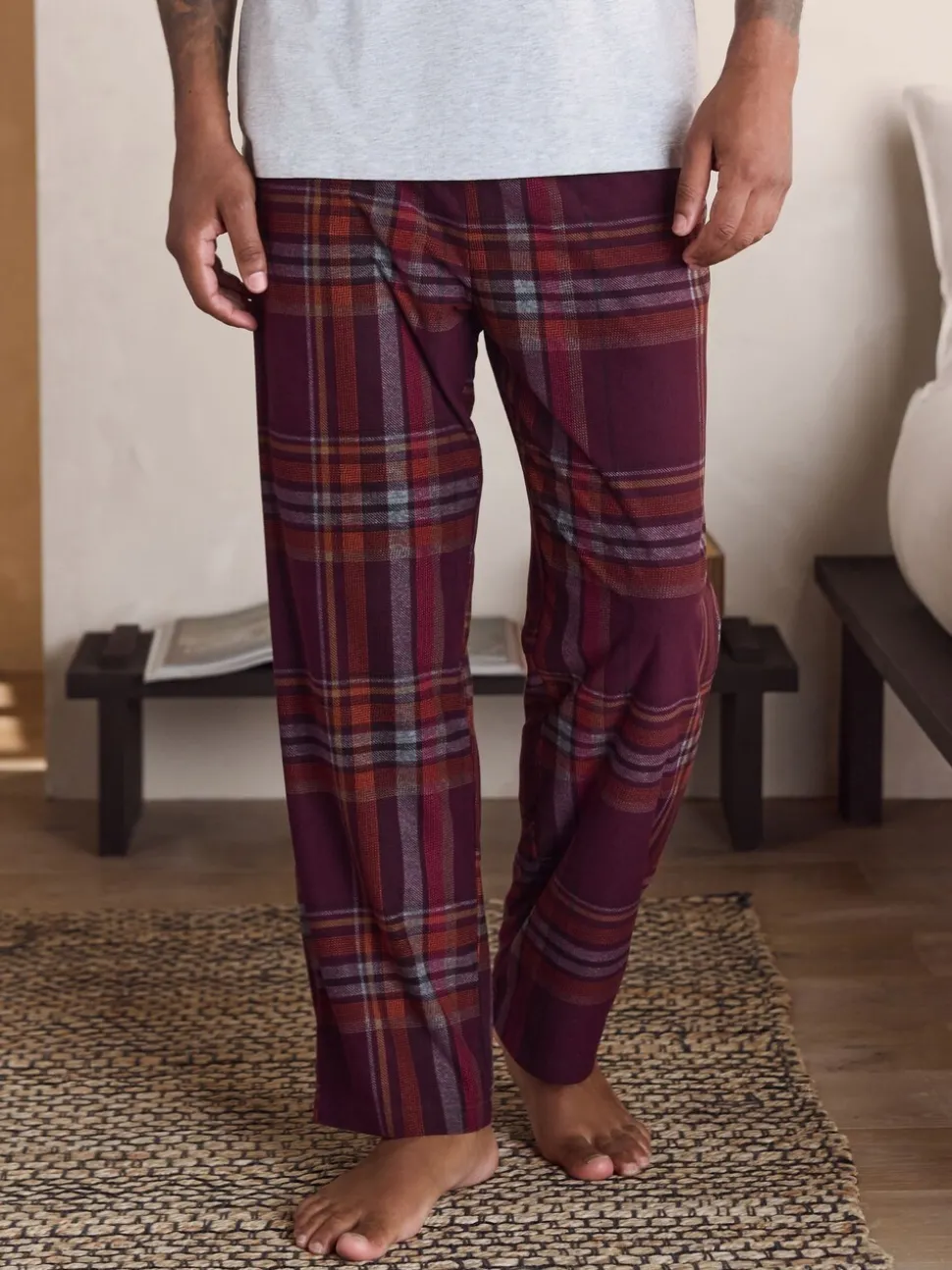 Grijs/bordeauxrood geruit - Motionflex Behaaglijke Pyjama Set met Korte Mouwen