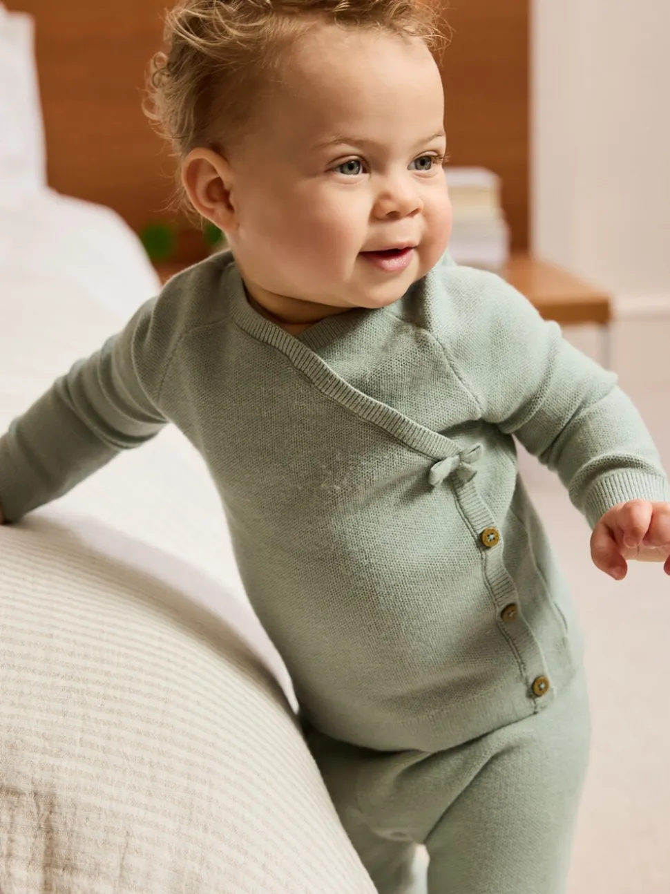 Grijs-groen - 2 -delige babyset met gebreide wikkelstrui en legging (0mnd-2jr)