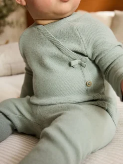 Grijs-groen - 2 -delige babyset met gebreide wikkelstrui en legging (0mnd-2jr)