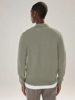 Grijs-groen - Effen - Regular Fit Essential Long Sleeve Knitted Polo Shirt