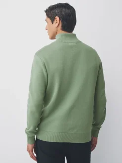 Grijs-groen - Effen - Regular fit 100% katoenen premium trui met korte rits
