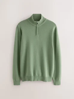 Grijs-groen - Effen - Regular fit 100% katoenen premium trui met korte rits
