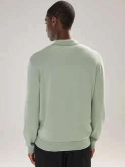 Grijs-groen - Normale Pasvorm - Katoenrijk gebreid poloshirt met lange mouwen