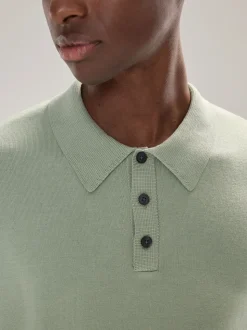 Grijs-groen - Normale Pasvorm - Katoenrijk gebreid poloshirt met lange mouwen