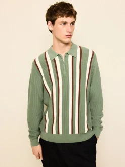 Grijs-groen - Regular Fit Long Sleeve Stripe Zip Neck Knit Polo Shirt