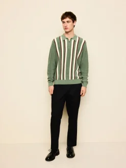 Grijs-groen - Regular Fit Long Sleeve Stripe Zip Neck Knit Polo Shirt
