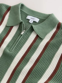 Grijs-groen - Regular Fit Long Sleeve Stripe Zip Neck Knit Polo Shirt