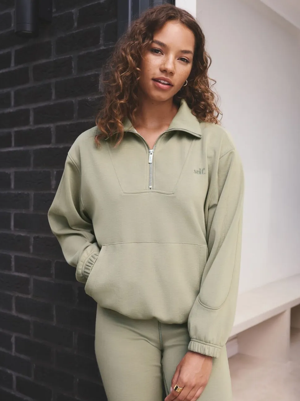 Grijs-groen - self. Half Zip Modal Sweatshirt