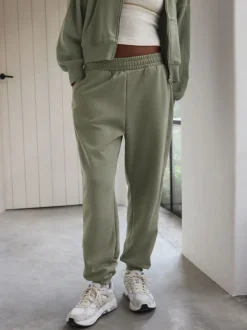 Grijs-groen - Self. joggingbroek met boorden