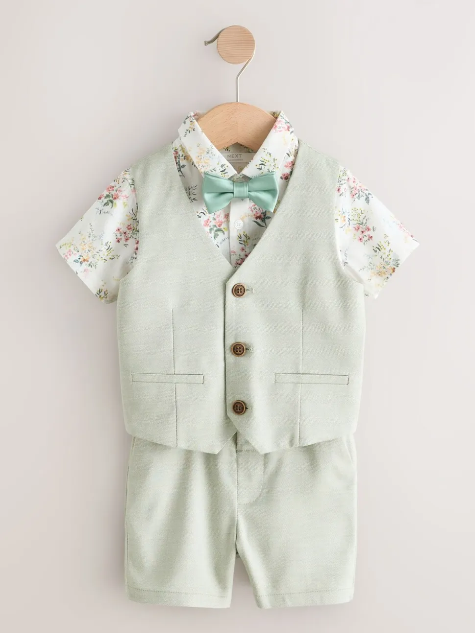 Grijs-groen - Set met gilet, overhemd, korte broek & stropdas (3mnd-9jr)