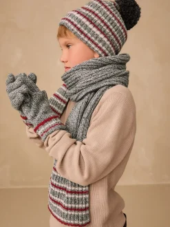 Grijs/rode streep - Set van 3 -delige muts, sjaal en handschoenen (3-16jr)
