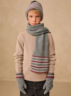 Grijs/rode streep - Set van 3 -delige muts, sjaal en handschoenen (3-16jr)