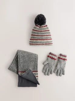 Grijs/rode streep - Set van 3 -delige muts, sjaal en handschoenen (3-16jr)
