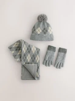 Grijs/wit Argyle - Set van 3 -delige muts, sjaal en handschoenen (3-16jr)