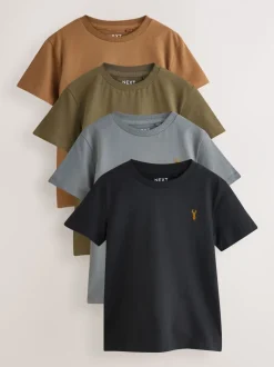Grijs/zwart/kakigroen/lichtbruin - T-shirts met korte mouwen en geborduurd rendier, verpakking van 4 (3-16jr)