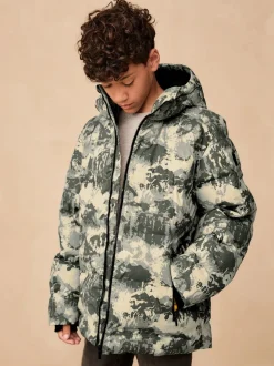 Grijze camouflageprint - Regenbestendige gewatteerde jas met microfleece voering (3-17jr)