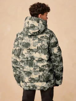 Grijze camouflageprint - Regenbestendige gewatteerde jas met microfleece voering (3-17jr)