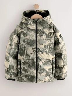 Grijze camouflageprint - Regenbestendige gewatteerde jas met microfleece voering (3-17jr)