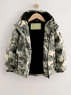 Grijze camouflageprint - Regenbestendige gewatteerde jas met microfleece voering (3-17jr)