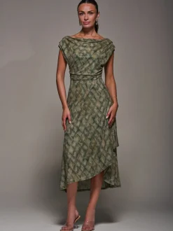 Groen - Jolie Moi - Asymmetrische gedrapeerde midaxi-jurk met kant