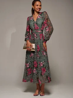 Groen - Jolie Moi Long Sleeve Printed Lace Midaxi Dress