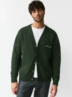 Groen - Regular Fit Embroidered Chest Motif Cardigan