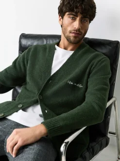 Groen - Regular Fit Embroidered Chest Motif Cardigan