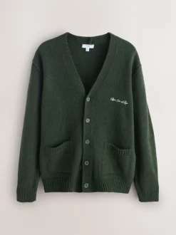 Groen - Regular Fit Embroidered Chest Motif Cardigan