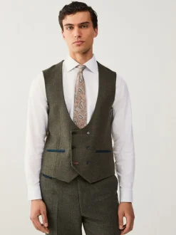 Groen - Regular Fit Nova Fides Italian Wool Blend Trimmed Check Suit Waistcoat