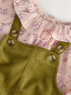 Groen - Set van corduroy bretelbroeken met bloemenprint, blouse en panty's (3mnd -7jr)