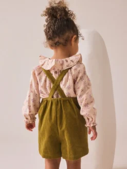 Groen - Set van corduroy bretelbroeken met bloemenprint, blouse en panty's (3mnd -7jr)