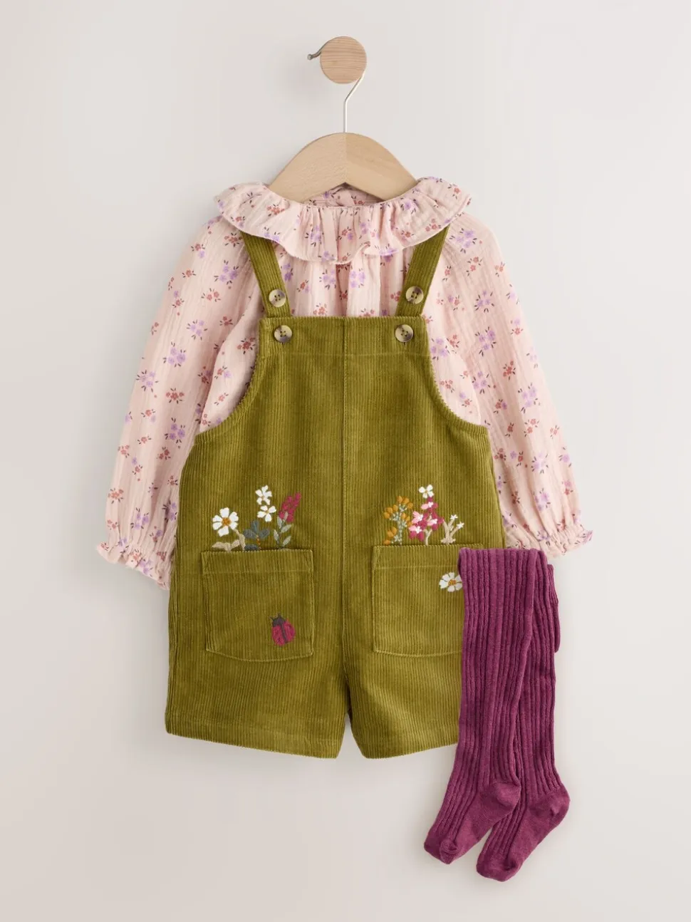 Groen - Set van corduroy bretelbroeken met bloemenprint, blouse en panty's (3mnd -7jr)
