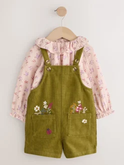 Groen - Set van corduroy bretelbroeken met bloemenprint, blouse en panty's (3mnd -7jr)