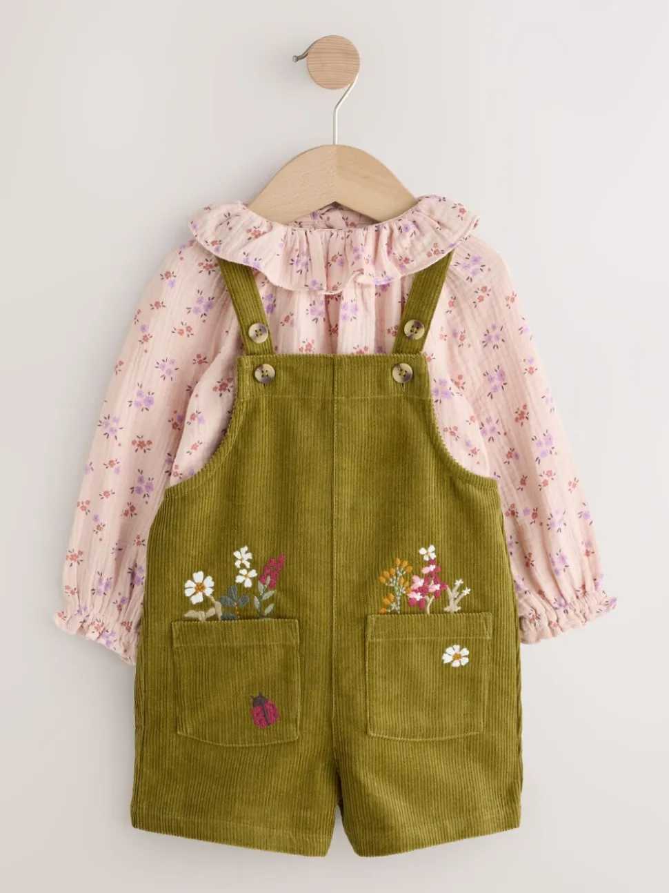 Groen - Set van corduroy bretelbroeken met bloemenprint, blouse en panty's (3mnd -7jr)