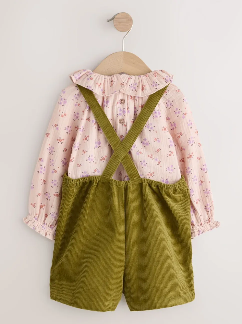 Groen - Set van corduroy bretelbroeken met bloemenprint, blouse en panty's (3mnd -7jr)