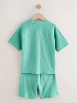 Groen - Set van T-shirt met textuur en korte mouwen en shorts (3 - 16 jr)