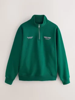 Groen - Simple Text Graphic Print Quarter Zip Neck Sweatshirt