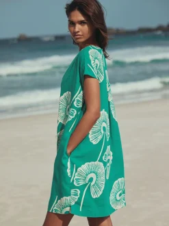 Groen bloemmotief - Mini Short Sleeve V-Neck Kaftan Dress with Linen