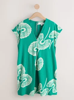 Groen bloemmotief - Mini Short Sleeve V-Neck Kaftan Dress with Linen