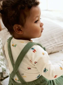 Groen met boerderijprint - Corduroy bretelbroeken en Bodysuit set (0mnd-2jr)