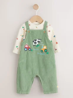 Groen met boerderijprint - Corduroy bretelbroeken en Bodysuit set (0mnd-2jr)
